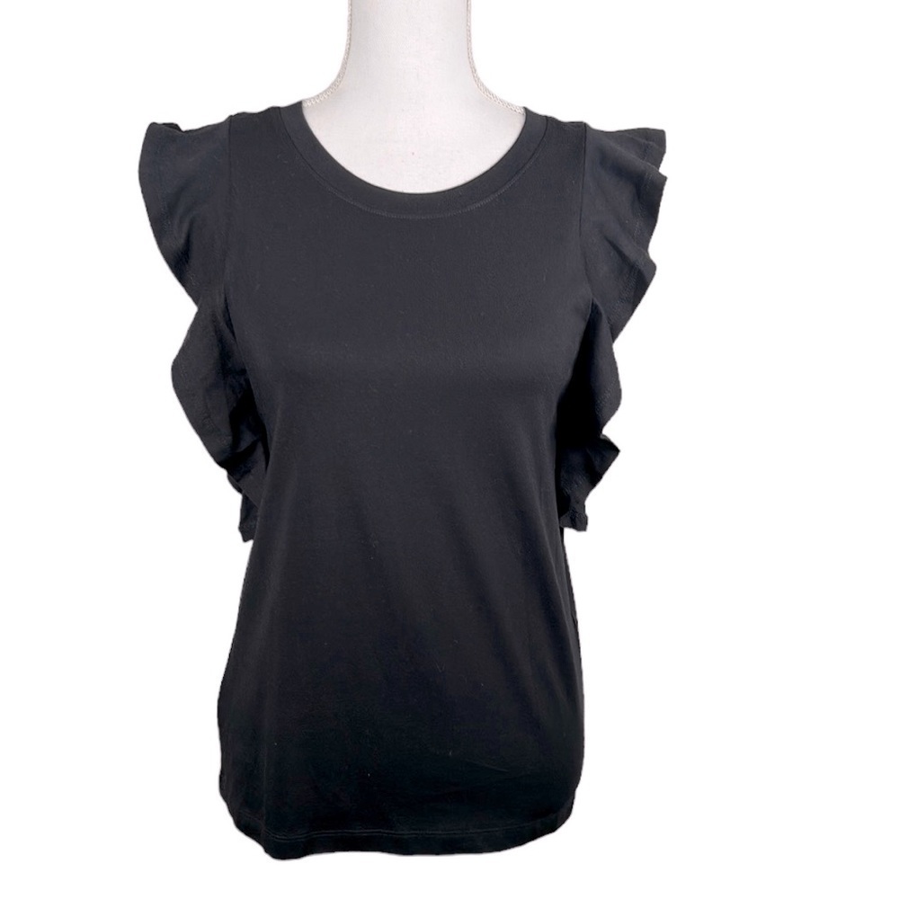 LOFT Black Ruffle Sleeve Crew Neck Cotton Top Size XS‎ New with tags!